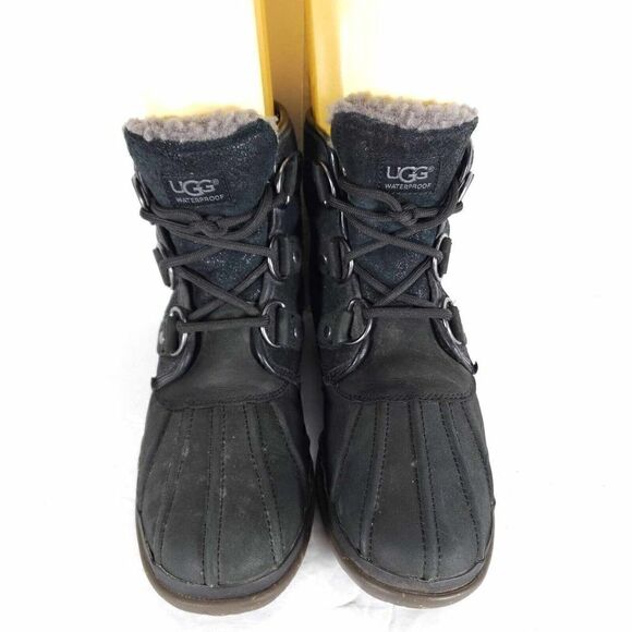 UGG Women's Cecile US 6 Black Leather Waterproof Sheepskin Lined Duck Boots - Picture 3 of 11